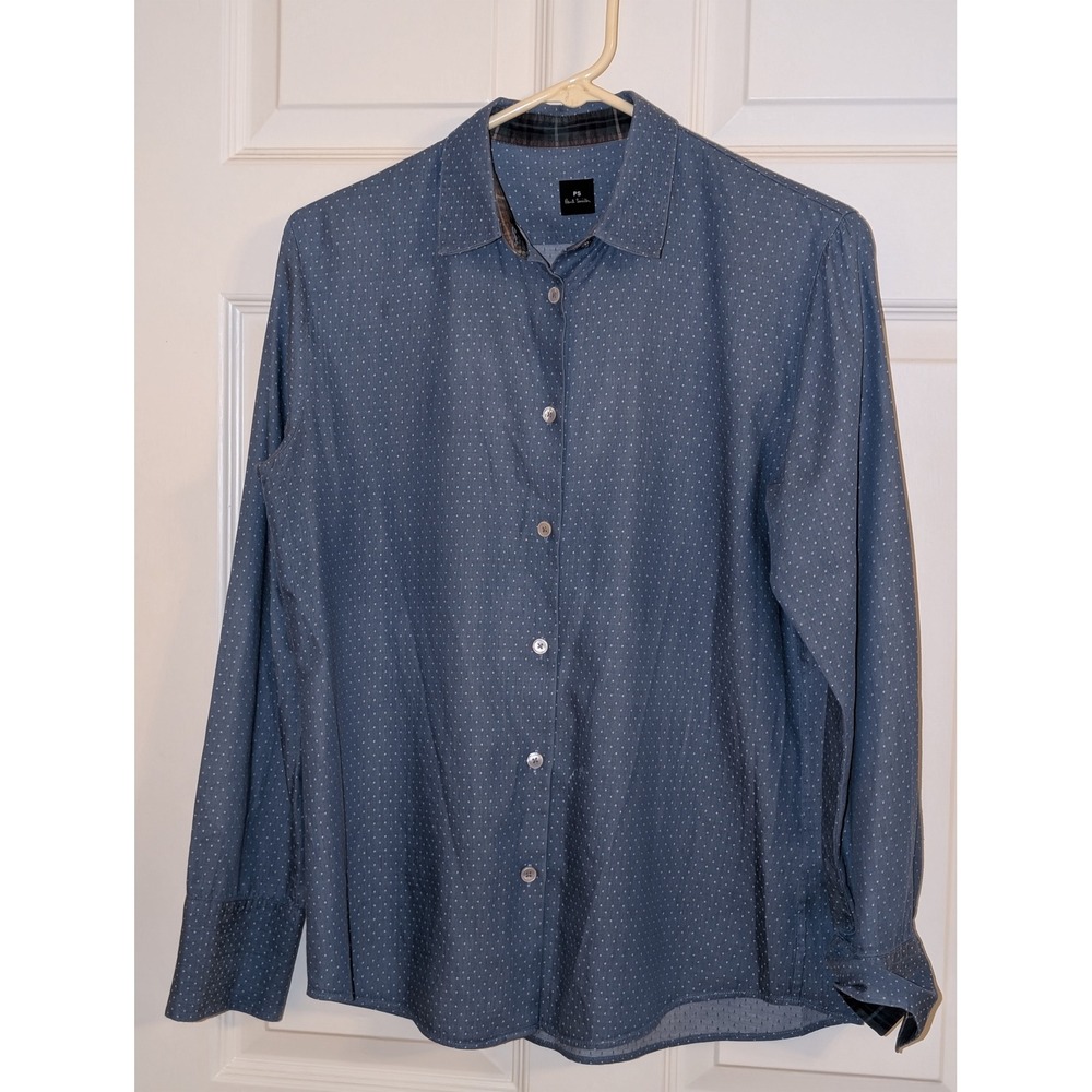 PS Paul Smith Women's IT 42 Blue Micro Dot Cotton Button Down Shirt Plaid Trim